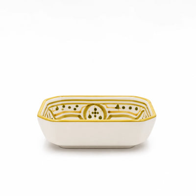 Elegant White Green Molokhia Ceramic Deep Rectangular Serving Dish Featuring An Olive Green And Gold Decorative Design, Ideal For Serving Molokhia, Rice, Stews, Main Courses, And Traditional Dishes At Siddiq Gifts.