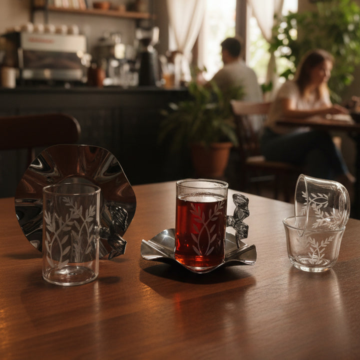 Tea cup with decorative handle on a wooden table in a cafe setting