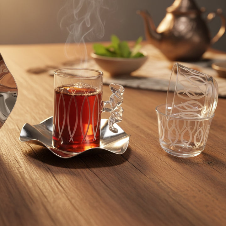Two glass cups with decorative handles on a wooden table, one containing a steaming hot beverage.