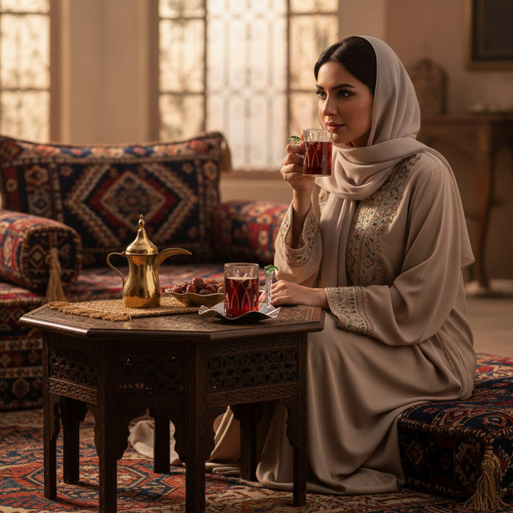 Woman in traditional attire enjoying a cup of tea in a cozy room with decorative elements.