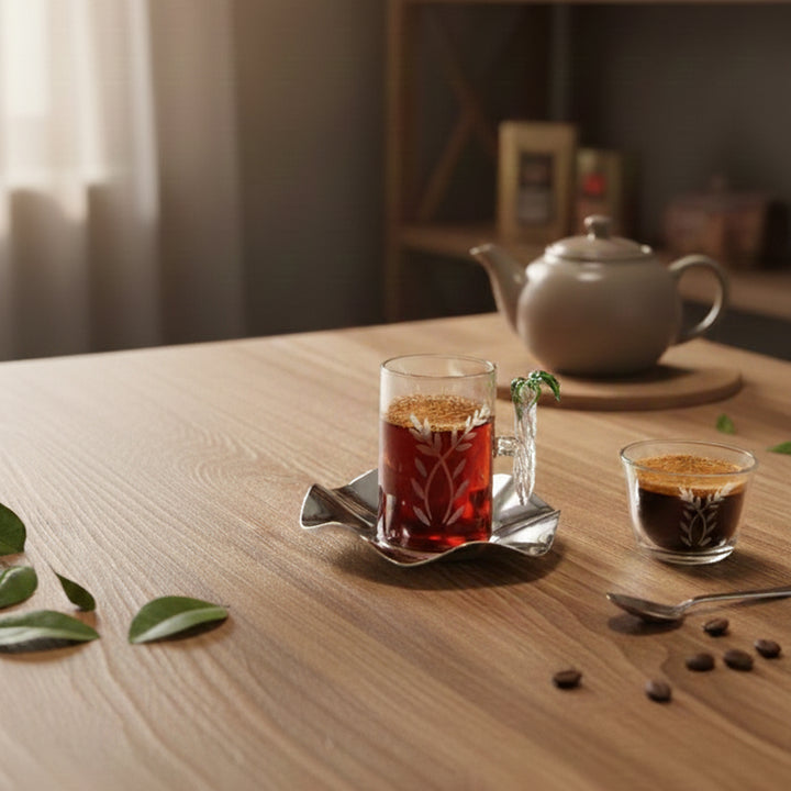 Tea set on a wooden table with a teapot, glass of tea, and small cup of coffee.