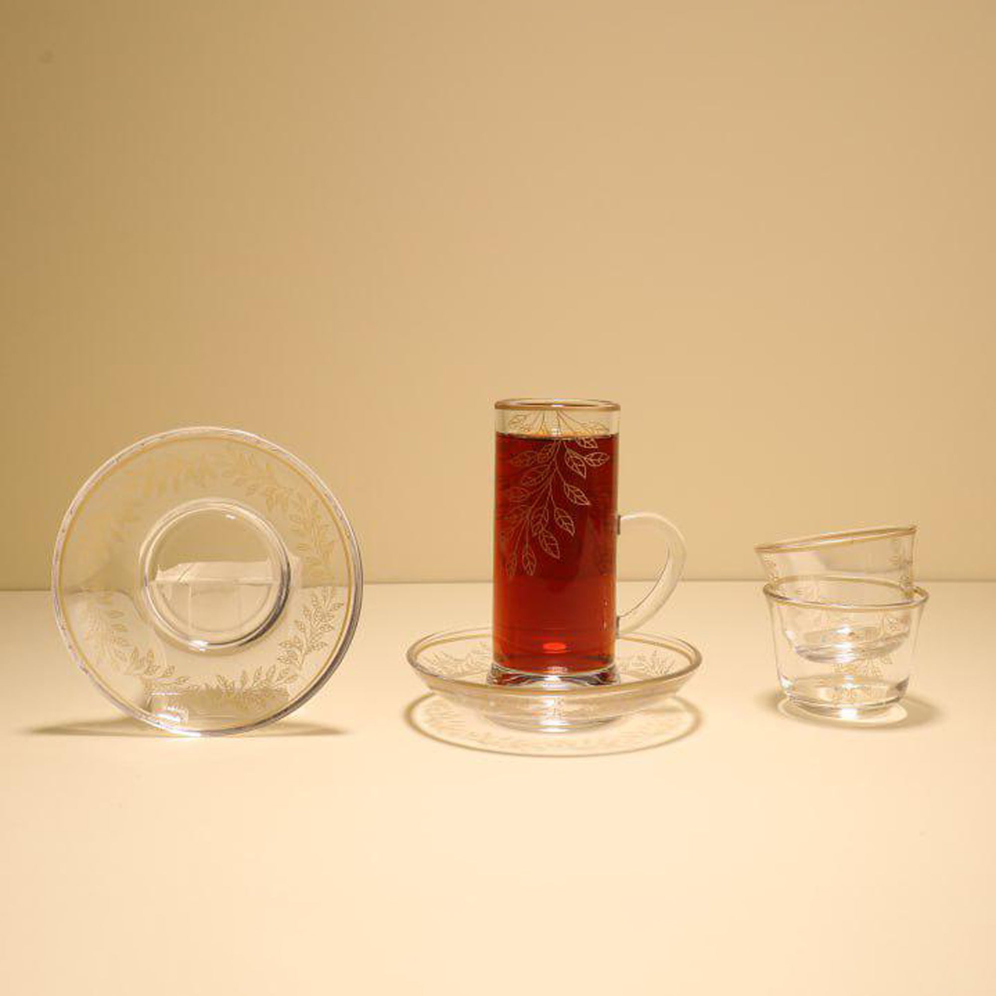 GT1174 Tea & Cawa Cup Set – 18 Pieces – Clear Glass with Leaf Etched ...