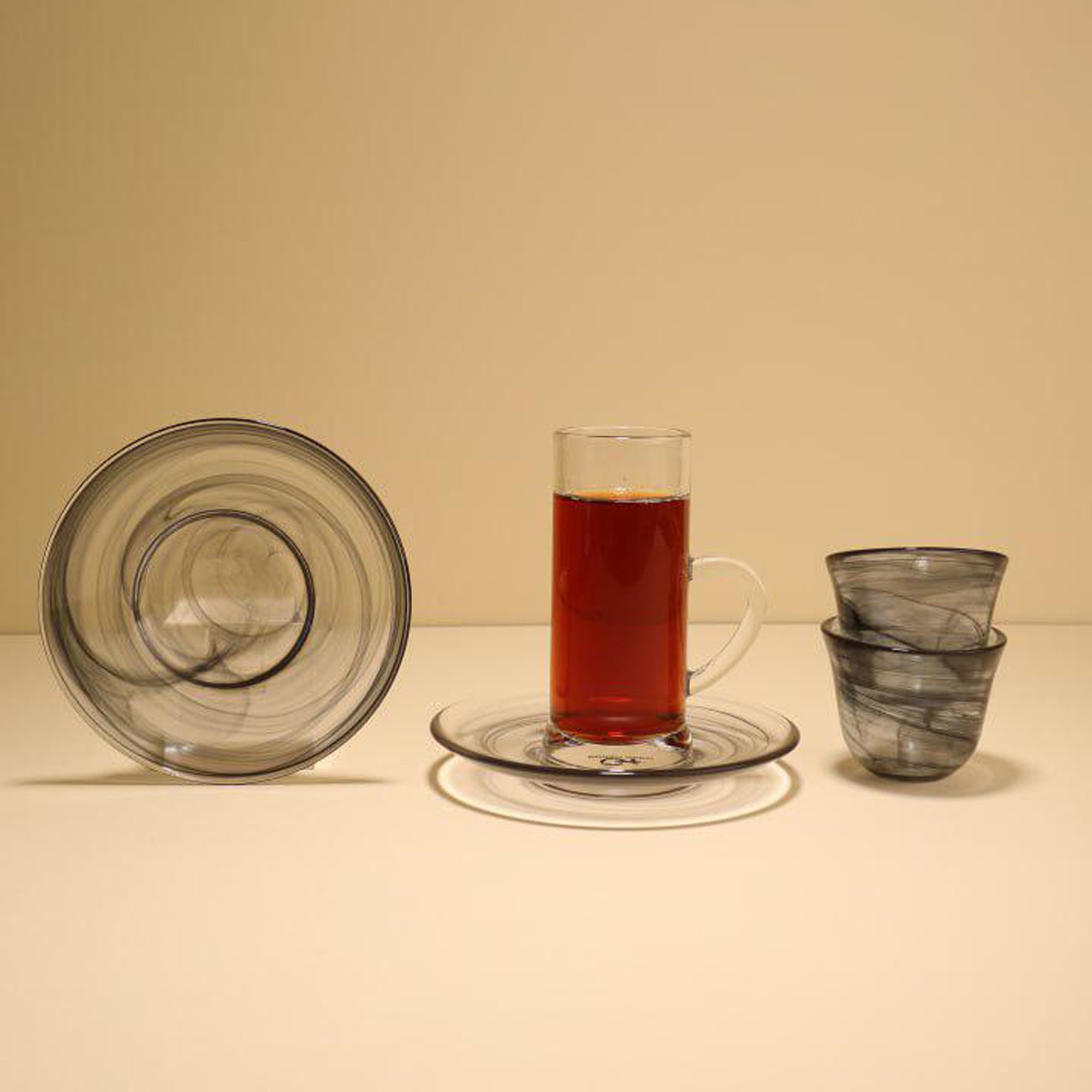 GT1193 Tea & Cawa Cup Set – 18 Pieces – Smoked Grey Swirl Glass Design ...