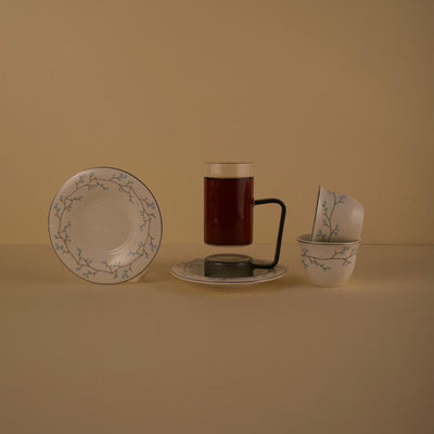 GT1209 Tea & Cawa Cup Set – 18 Pieces – White with Blue Floral Branch Design | Siddiq Gifts – Mussafah Abu Dhabi