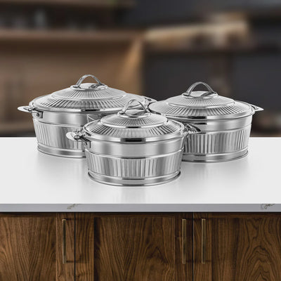 H26M13 STS0293681 Manara Stainless Steel Hot Pot 3-Piece Set – Silver Finish with Fluted Design | Siddiq Gifts – Mussafah Abu Dhabi