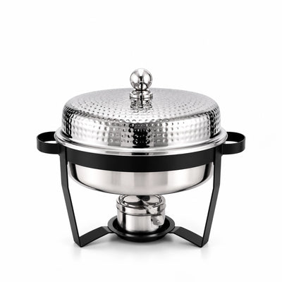 Hammered Round Chafing Dish Silver 5 Liter Stainless Steel Food Warmer With Lid And Stand Siddiq Gifts