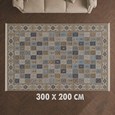 HIRAD Carpet 200x300cm Grey Mustard Gold and Blue with Traditional Patchwork Floral Design by Siddiq Gifts