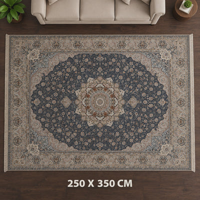 Hirad Ramsin Polyester Carpet, 250 × 350 cm, in Navy Blue with a Classic Medallion Design at Siddiq Gifts.
