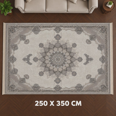 Hirad Setareh Polyester Carpet, 250 × 350 cm, in Cream with a Classic Medallion Design at Siddiq Gifts.