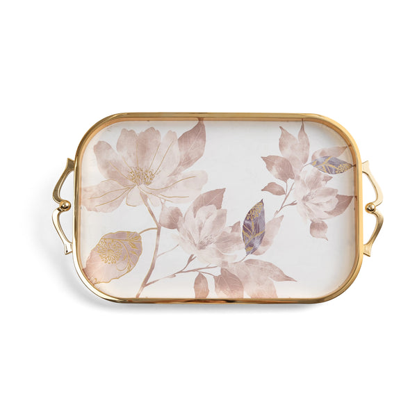 Decorative tray with floral design and gold handles on a white background