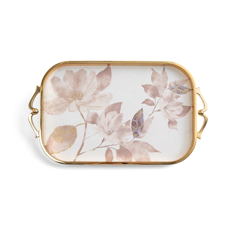 Decorative tray with floral design and gold handles on a white background