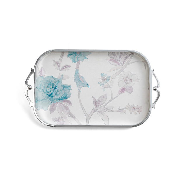 Rectangular tray with floral design and metal handles on a white background