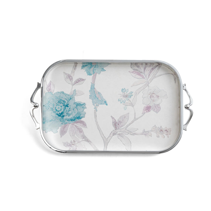 Rectangular tray with floral design and metal handles on a white background
