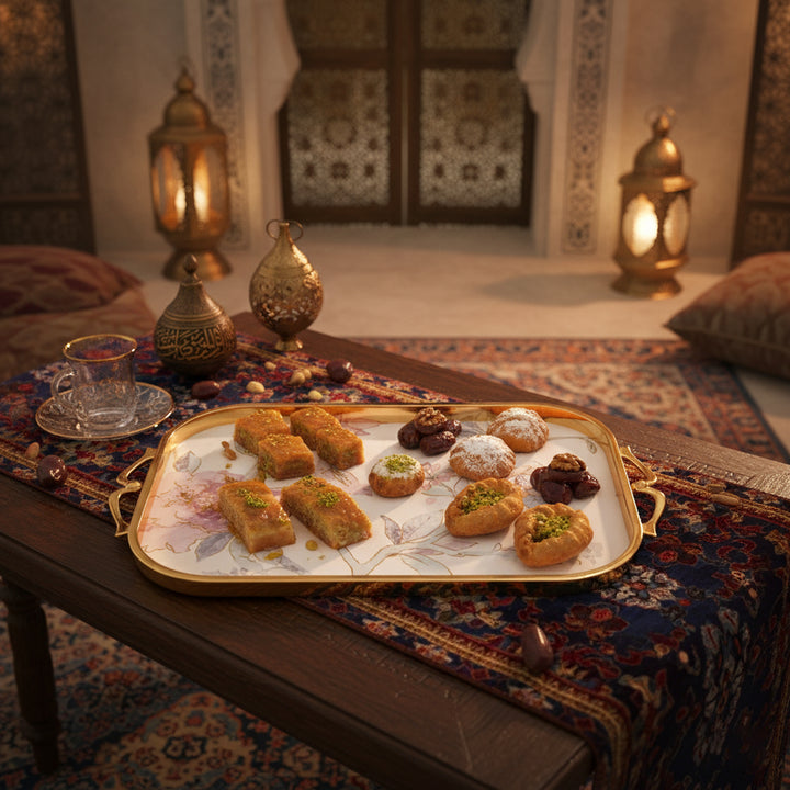 Tray of pastries on a decorative table with lanterns in the background