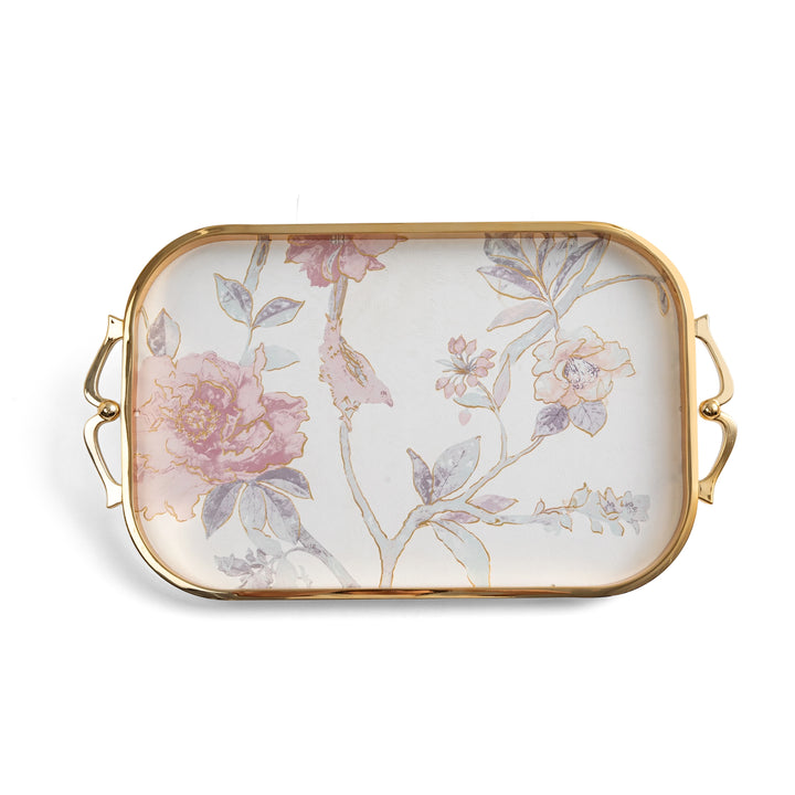 Decorative tray with floral design and gold handles on a white background
