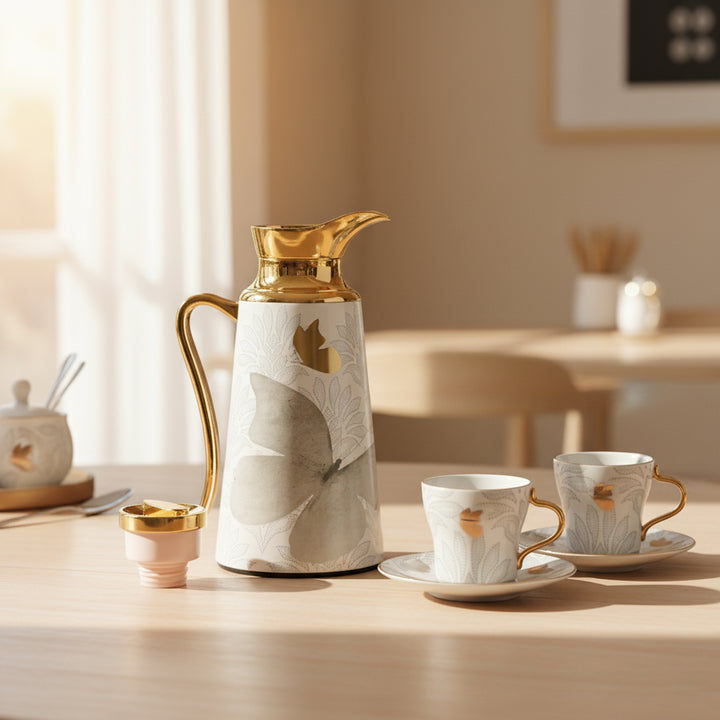 Marble-patterned teapot with gold accents on a table with matching cups and saucers.