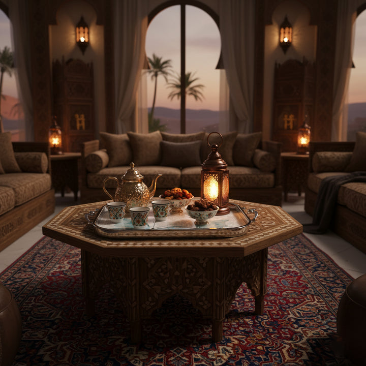 Decorative living room with a hexagonal coffee table, lanterns, and a scenic view.