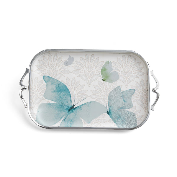 Decorative tray with butterfly design on a white background
