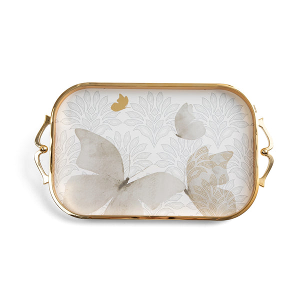 Decorative tray with butterfly design on a white background