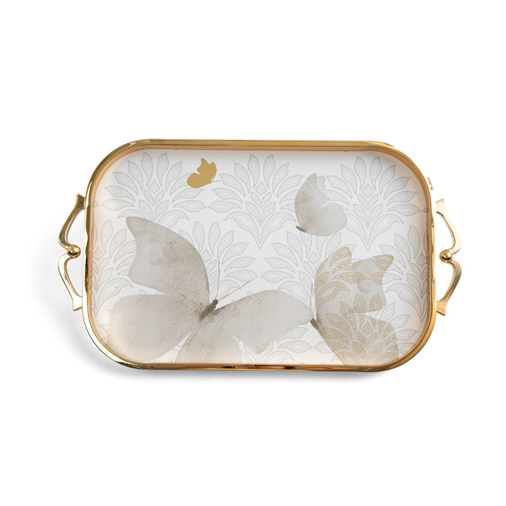 Decorative tray with butterfly design on a white background