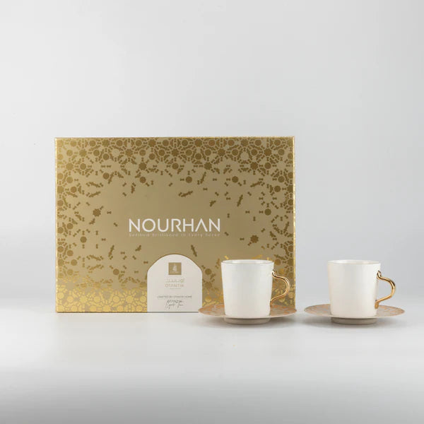 HJ1465 Nourhan Tea Cup Set – 12 Pieces – Beige & Matt Gold | Siddiq Gifts – Mussafah Abu Dhabi