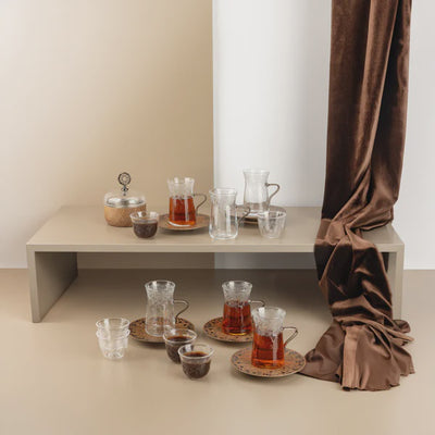 HJ1467 Nouhan Tea And Arabic Coffee Cup With Saucer Set 19 Pieces Shining Black Wood Finish From Siddiq Gift Shop