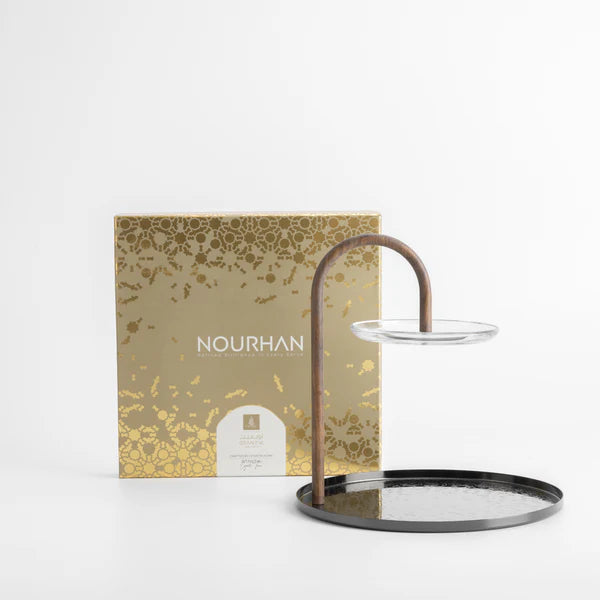 HJ1495 Nourhan 2-Layer Stand with Holder – Shining Black & Wood | Siddiq Gifts – Mussafah Abu Dhabi