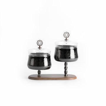 HJ1507 Nourhan Nuts Bowl Set – 2 Pieces – Shining Black Glass with Wooden Stand | Siddiq Gifts – Mussafah Abu Dhabi