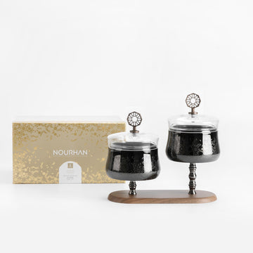 HJ1507 Nourhan Nuts Bowl Set – 2 Pieces – Shining Black Glass with Wooden Stand | Siddiq Gifts – Mussafah Abu Dhabi