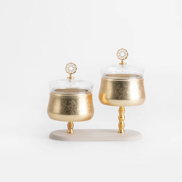 HJ1509 Nourhan Nuts Bowl Set – 2 Pieces – Matt Gold Glass with Beige Stand | Siddiq Gifts – Mussafah Abu Dhabi