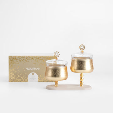 HJ1509 Nourhan Nuts Bowl Set – 2 Pieces – Matt Gold Glass with Beige Stand | Siddiq Gifts – Mussafah Abu Dhabi