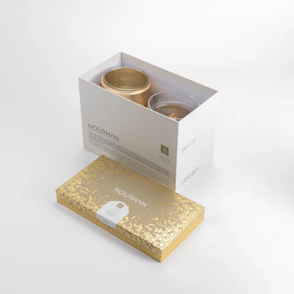 HJ1509 Nourhan Nuts Bowl Set – 2 Pieces – Matt Gold Glass with Beige Stand | Siddiq Gifts – Mussafah Abu Dhabi