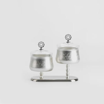 HJ1510 Nourhan Nuts Bowl Set – 2 Pieces – Matt Silver with Shining Silver Stand | Siddiq Gifts – Mussafah Abu Dhabi