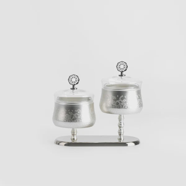 HJ1510 Nourhan Nuts Bowl Set – 2 Pieces – Matt Silver with Shining Silver Stand | Siddiq Gifts – Mussafah Abu Dhabi