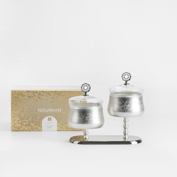 HJ1510 Nourhan Nuts Bowl Set – 2 Pieces – Matt Silver with Shining Silver Stand | Siddiq Gifts – Mussafah Abu Dhabi
