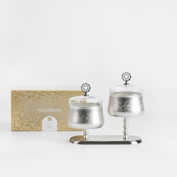HJ1510 Nourhan Nuts Bowl Set – 2 Pieces – Matt Silver with Shining Silver Stand | Siddiq Gifts – Mussafah Abu Dhabi