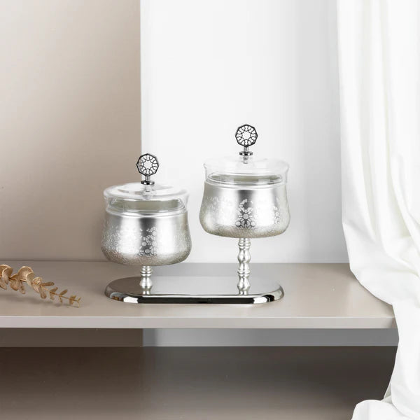 HJ1510 Nourhan Nuts Bowl Set – 2 Pieces – Matt Silver with Shining Silver Stand | Siddiq Gifts – Mussafah Abu Dhabi