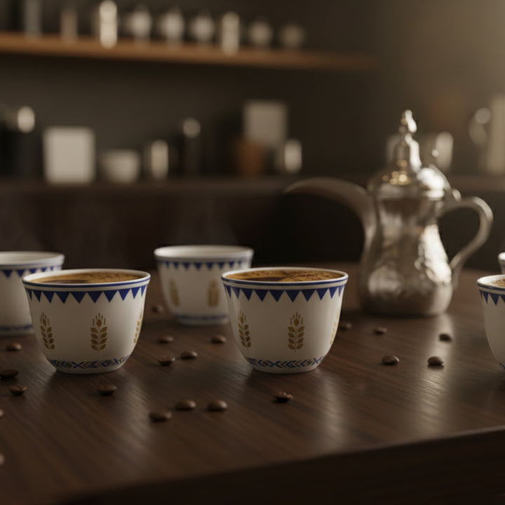 Coffees cups with decorative patterns on a wooden table with coffee beans, blurred background