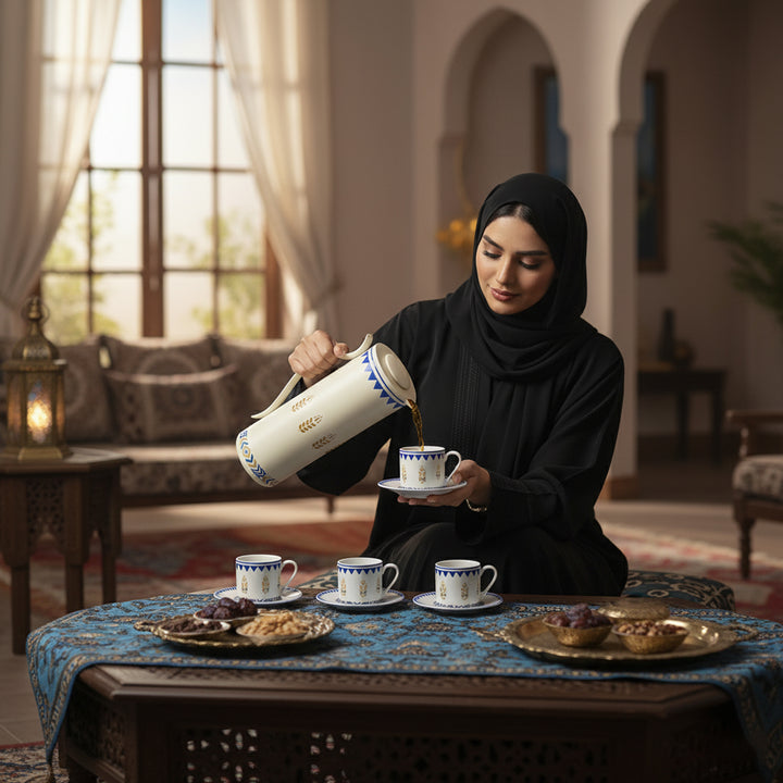 Woman in a hijab pouring tea into a cup in a decorated room with a table and chairs.