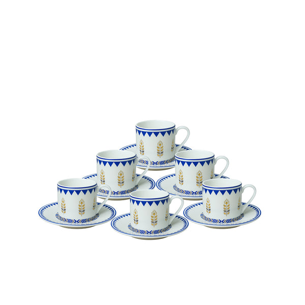 Set of six ceramic cups and saucers with blue and gold patterns on a white background