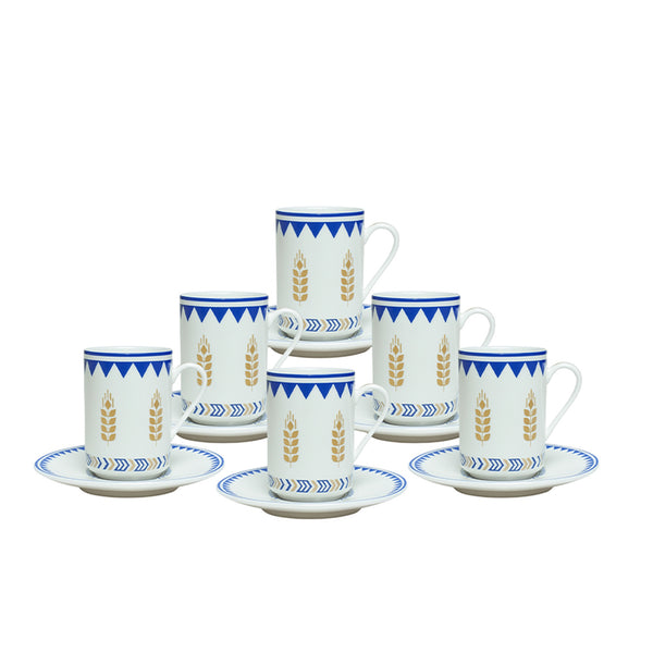 Set of ceramic mugs and saucers with decorative patterns on a white background