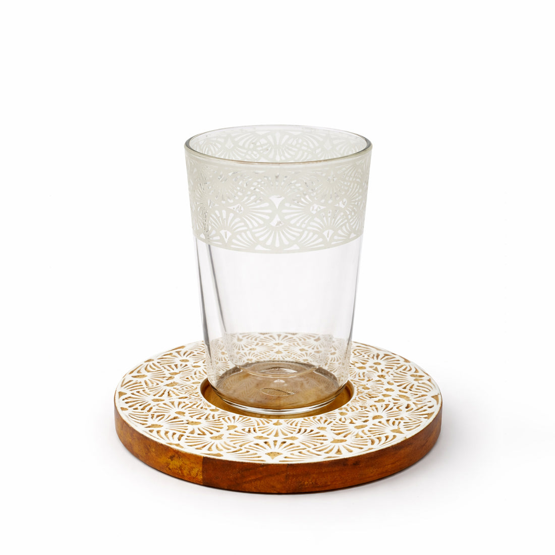 HMC20049 Tea Cup & Saucer Set – 12 Pieces – Clear Glass with Wooden Saucer