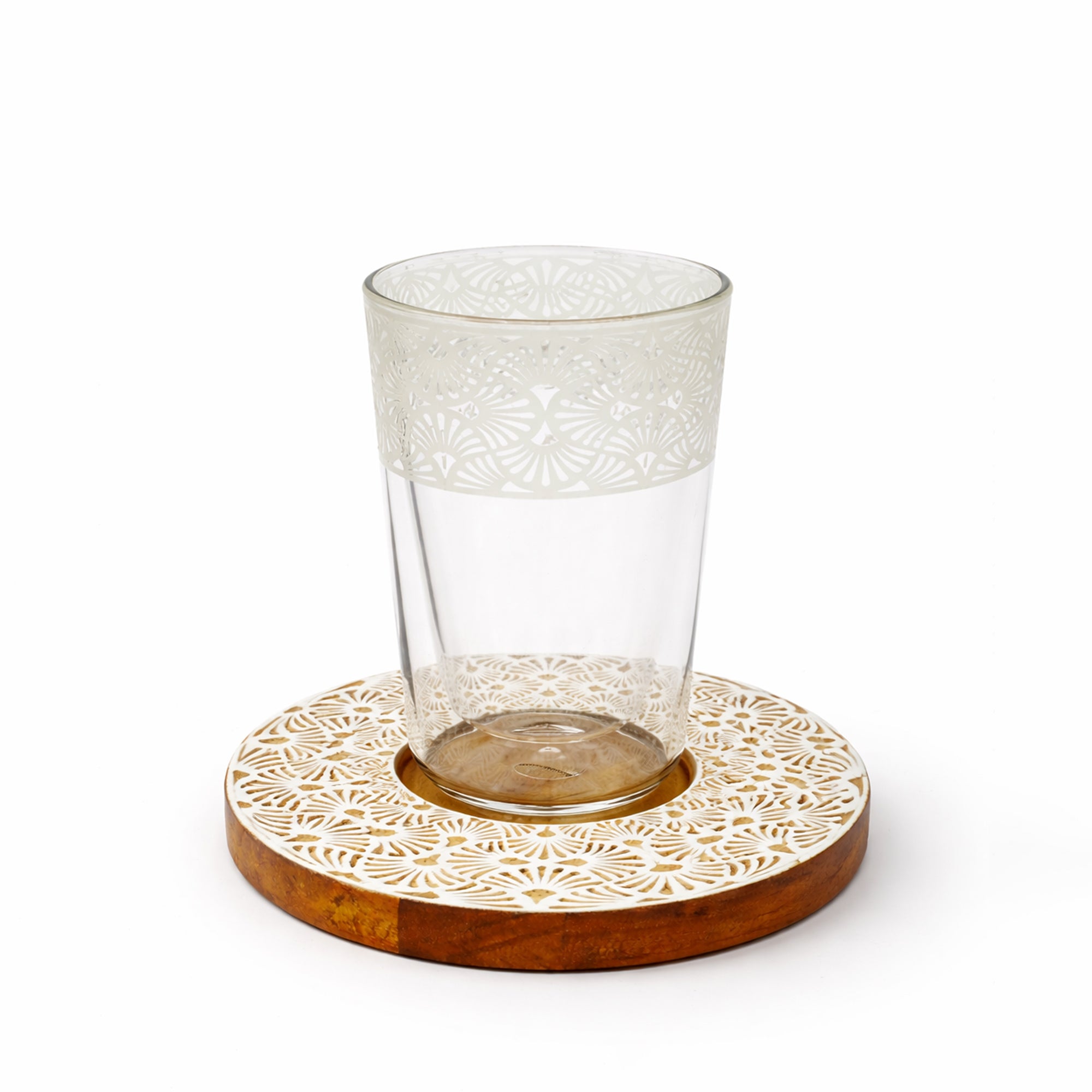 HMC20049 Tea Cup & Saucer Set – 12 Pieces – Clear Glass with Wooden Saucer | Siddiq Gifts – Mussafah Abu Dhabi