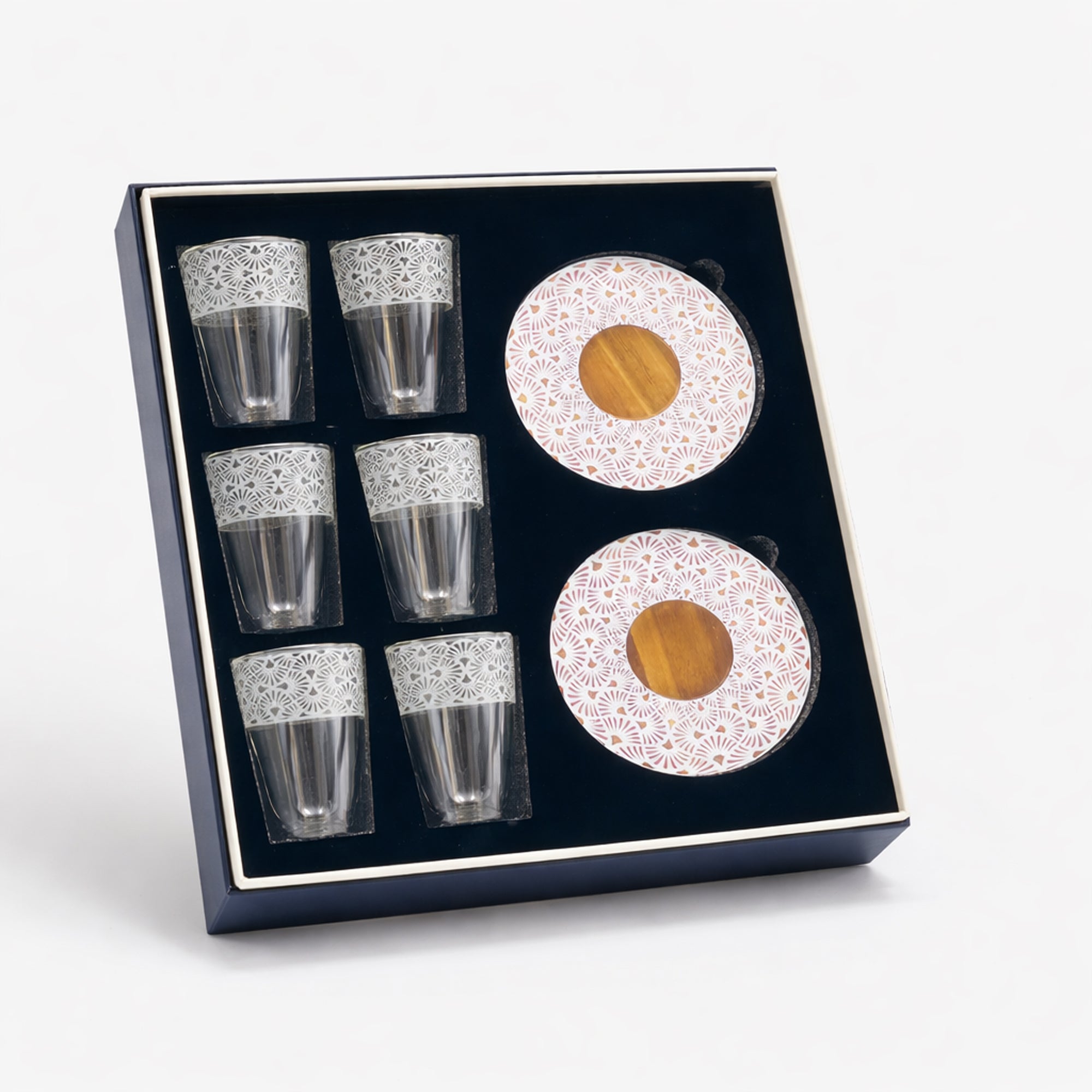 HMC20049 Tea Cup & Saucer Set – 12 Pieces – Clear Glass with Wooden Saucer | Siddiq Gifts – Mussafah Abu Dhabi