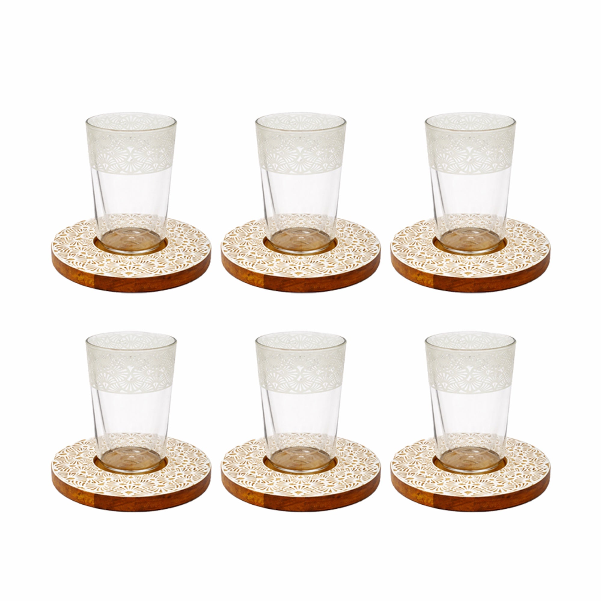 HMC20049 Tea Cup & Saucer Set – 12 Pieces – Clear Glass with Wooden Saucer | Siddiq Gifts – Mussafah Abu Dhabi