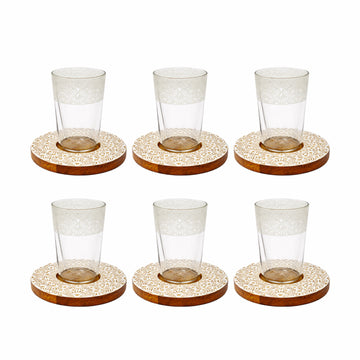 HMC20049 Tea Cup & Saucer Set – 12 Pieces – Clear Glass with Wooden Saucer | Siddiq Gifts – Mussafah Abu Dhabi