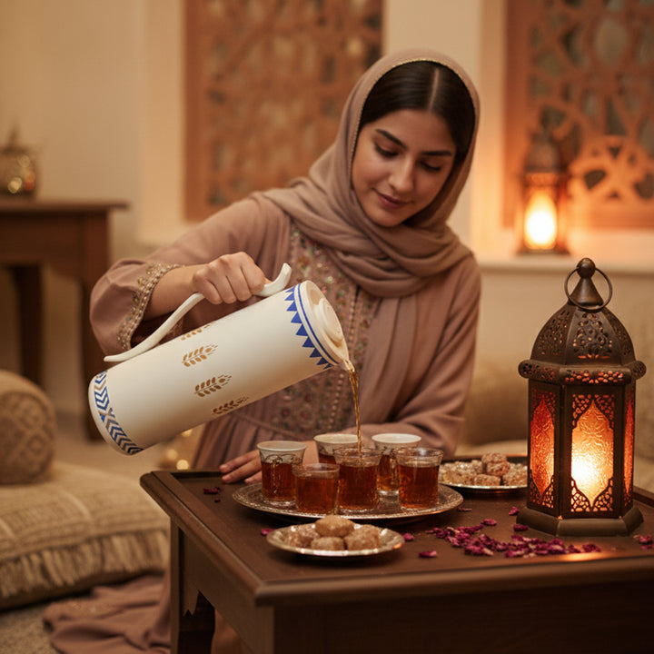 Woman pouring tea into glasses with a warm, decorated interior setting.