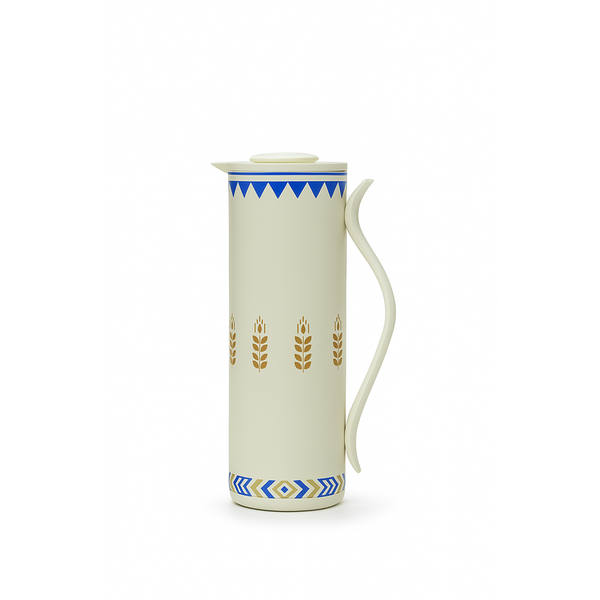 Cream-colored pitcher with blue and gold patterns on a white background