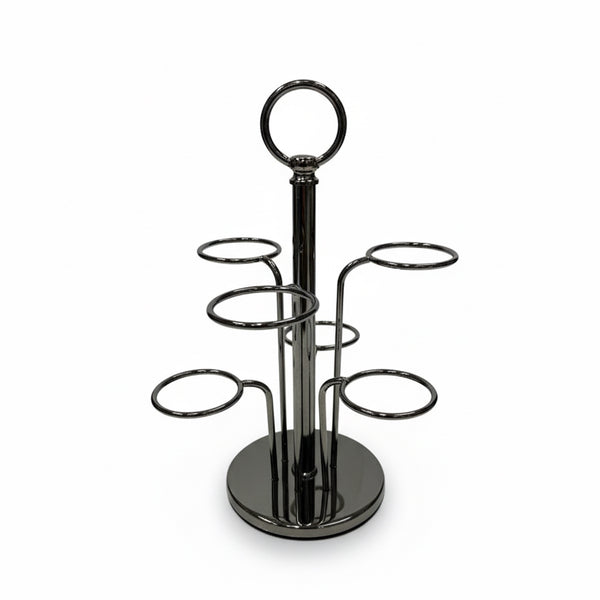 Black metal cup stand with multiple circular hooks on a white background