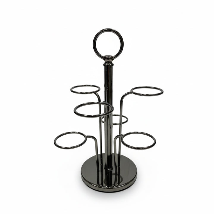 Black metal cup stand with multiple circular hooks on a white background
